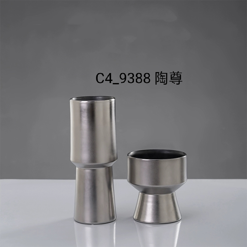 景德镇北欧现代银色陶瓷花瓶家居简约干花花瓶客厅餐桌摆件高脚插花花器