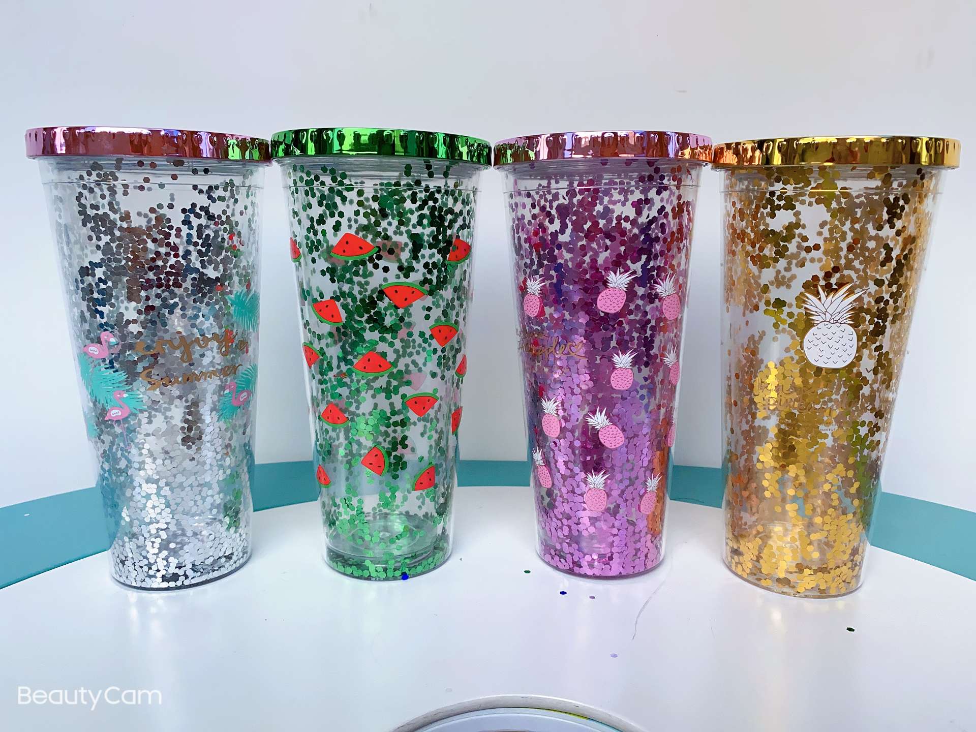 Plastic cup, straw cup, flat lid, double-layer plastic straw cup, electroplated, customizable 650ml