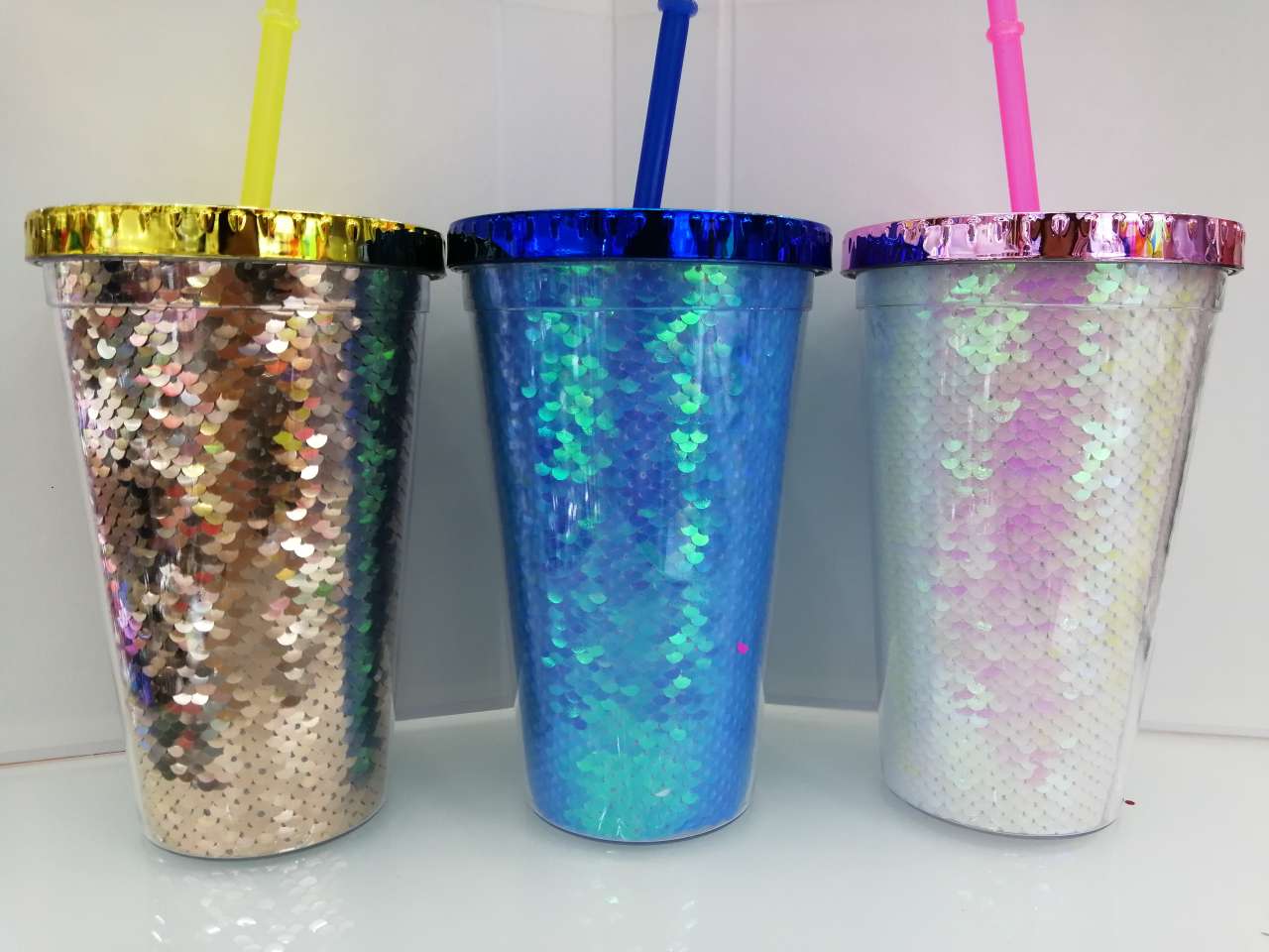 Plastic cup, double-layer straw cup, electroplated lid, straight tube, sequined, 450ml, customizable card paper