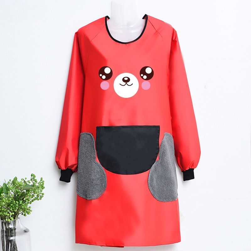 Washable hands bear printed long-sleeved apron cover for women, waterproof and oil-resistant work clothes, cartoon couple, cute apron girl detail image 2