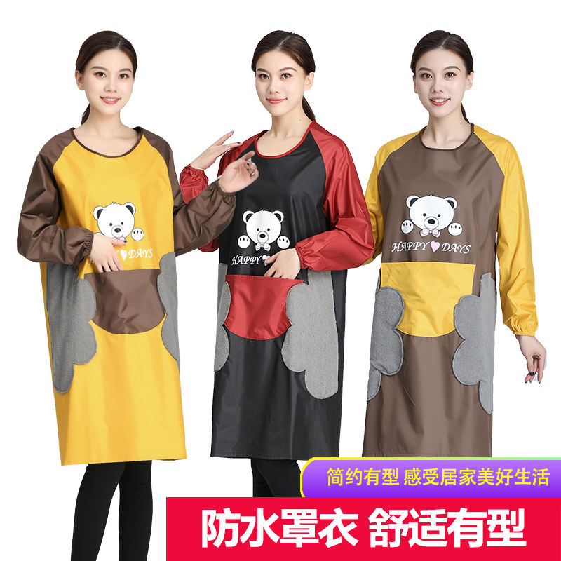 Washable hands bear printed long-sleeved apron cover for women, waterproof and oil-resistant work clothes, cartoon couple, cute apron girl detail image 12