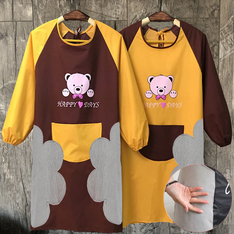 Washable hands bear printed long-sleeved apron cover for women, waterproof and oil-resistant work clothes, cartoon couple, cute apron girl undefined