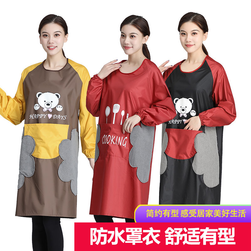 Washable hands bear printed long-sleeved apron cover for women, waterproof and oil-resistant work clothes, cartoon couple, cute apron girl detail image 9