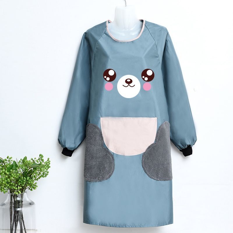 Washable hands bear printed long-sleeved apron cover for women, waterproof and oil-resistant work clothes, cartoon couple, cute apron girl detail image 6
