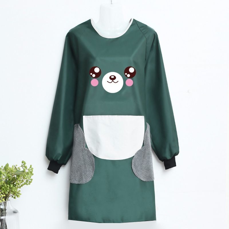 Washable hands bear printed long-sleeved apron cover for women, waterproof and oil-resistant work clothes, cartoon couple, cute apron girl detail image 13