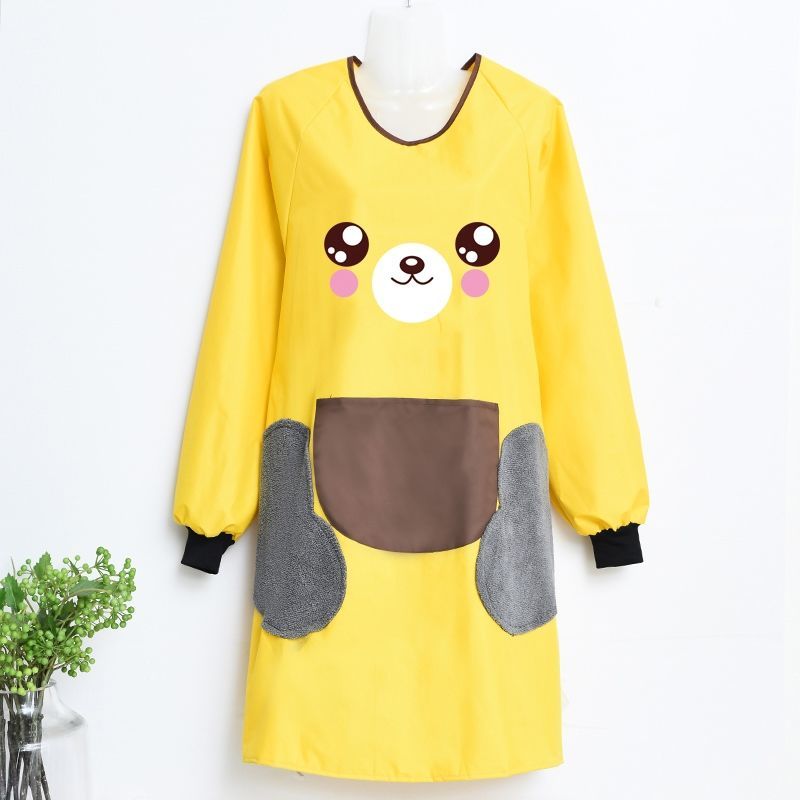 Washable hands bear printed long-sleeved apron cover for women, waterproof and oil-resistant work clothes, cartoon couple, cute apron girl details Picture