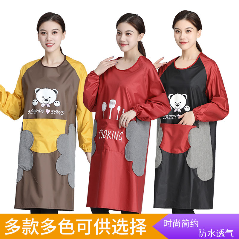 Washable hands bear printed long-sleeved apron cover for women, waterproof and oil-resistant work clothes, cartoon couple, cute apron girl detail image 10