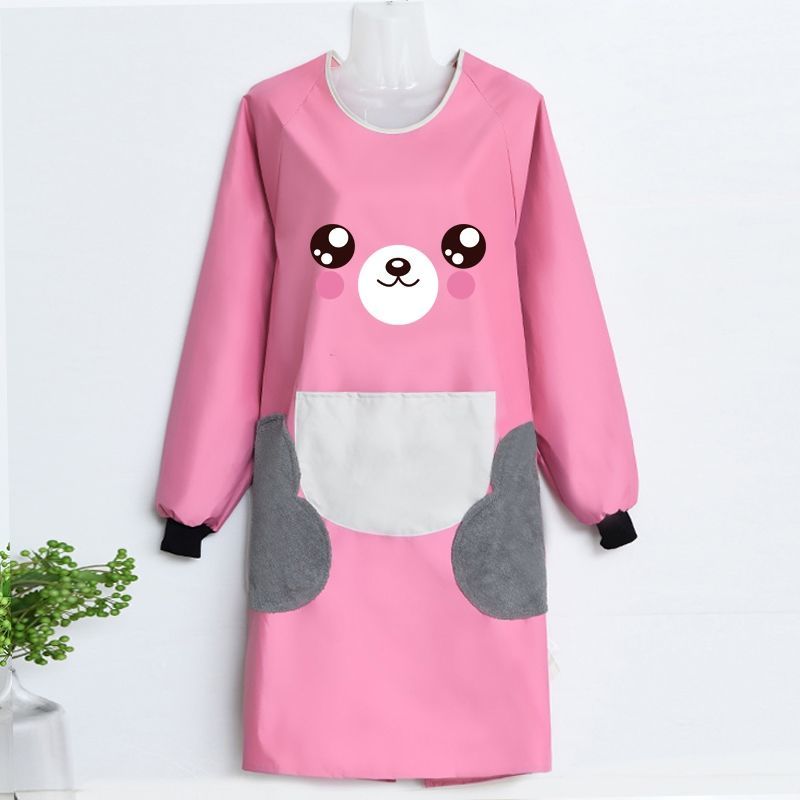 Washable hands bear printed long-sleeved apron cover for women, waterproof and oil-resistant work clothes, cartoon couple, cute apron girl detail image 1