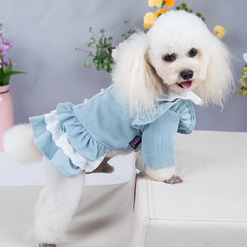宠物用品棉质服装连衣裙，荷叶边花边领白底实物图