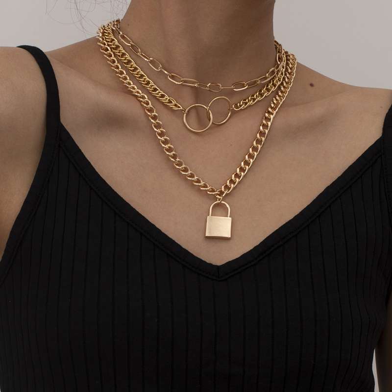 European and American trend influencer hip-hop Instagram cold style collarbone chain set, niche design sense circle lock necklace details Picture
