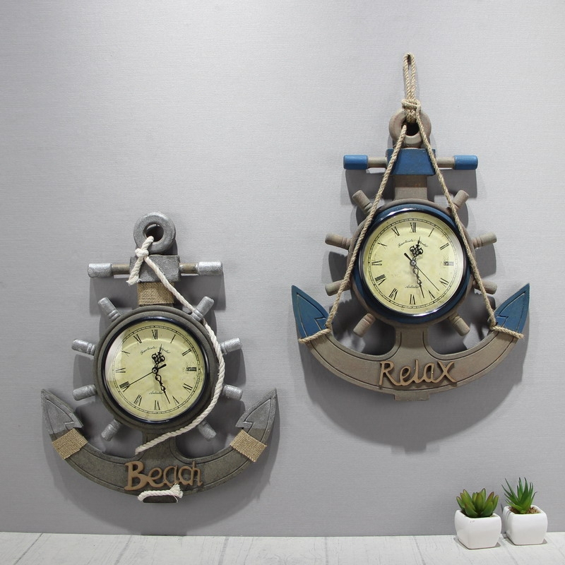 地中海挂钟静音复古装饰壁钟海盗船墙壁挂件装饰品海洋风格时钟表