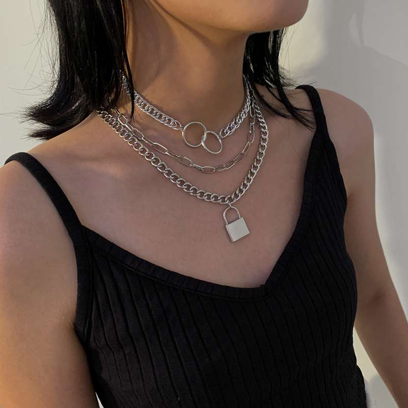 European and American trend influencer hip-hop Instagram cold style collarbone chain set, niche design sense circle lock necklace Specification image