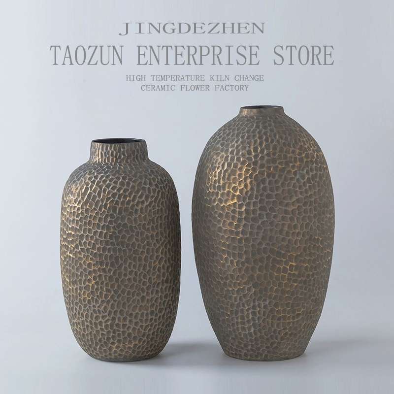 Imitation Copper Old Metal Retro Ceramic Dry Flower Big Vase Jingdezhen Pottery Pot Decoration Living Room Pot undefined