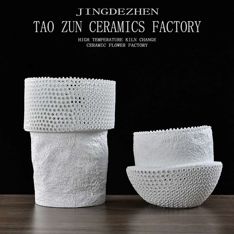 Pottery Zun Model Room Italian Minimalist Black And White Flower Decoration Exhibition Hall Vase Model Room Living Room Decoration Sales Office Soft Installation 056