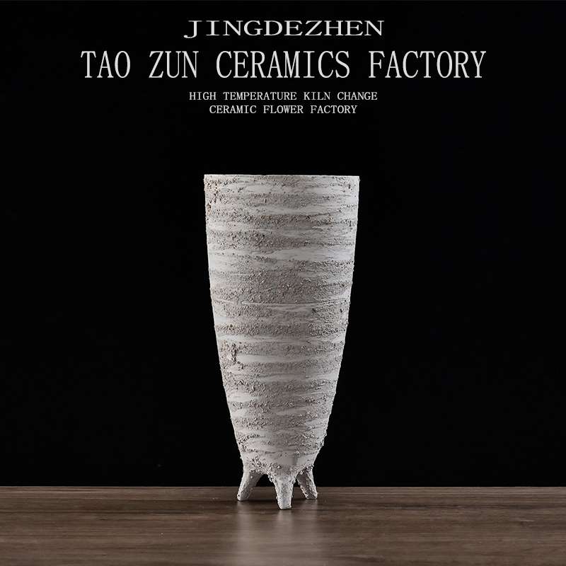Pottery Zun New Chinese Rough Pottery Retro Ceramic Tripod Ceramic Decoration Hotel Living Room Model Room Nordic Home Decoration 185 Item Picture