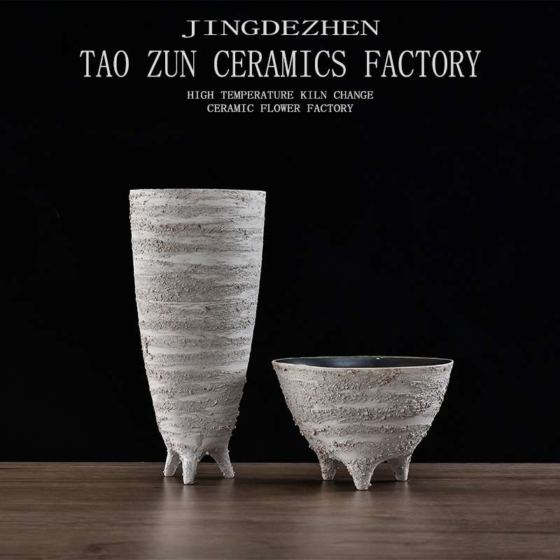 Pottery Zun New Chinese Rough Pottery Retro Ceramic Tripod Ceramic Decoration Hotel Living Room Model Room Nordic Home Decoration 185