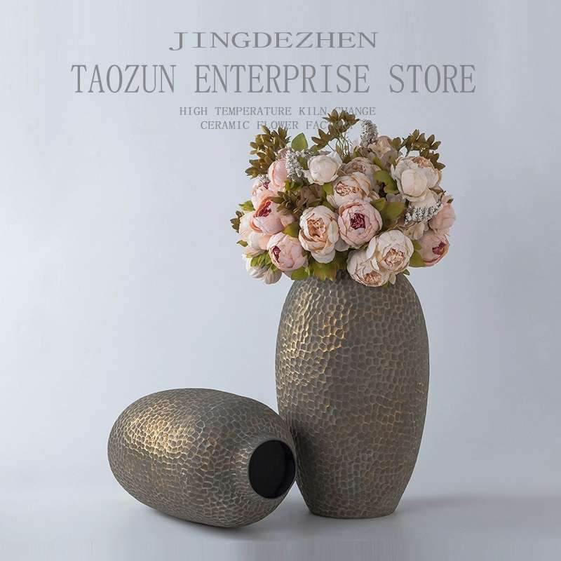 Imitation Copper Old Metal Retro Ceramic Dry Flower Big Vase Jingdezhen Pottery Pot Decoration Living Room Pot details Picture