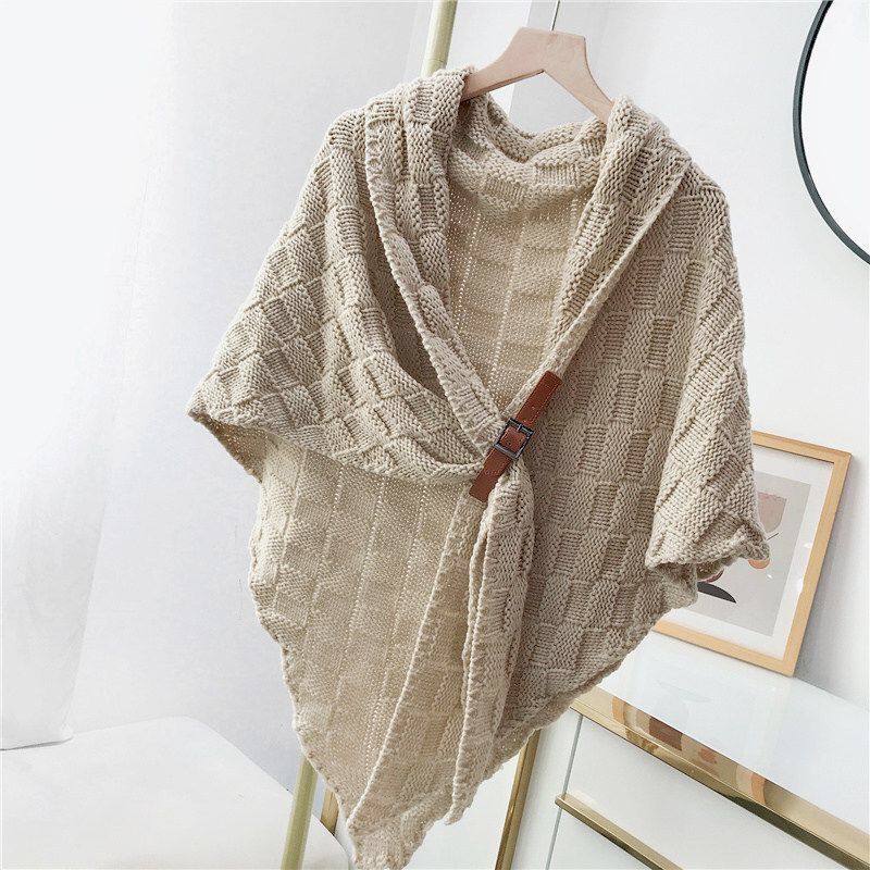 Baita nuevo pañuelo triangular hilo de punto estilo chal mujer bufanda exterior cuello multiusos con hebillas capa detail image 2