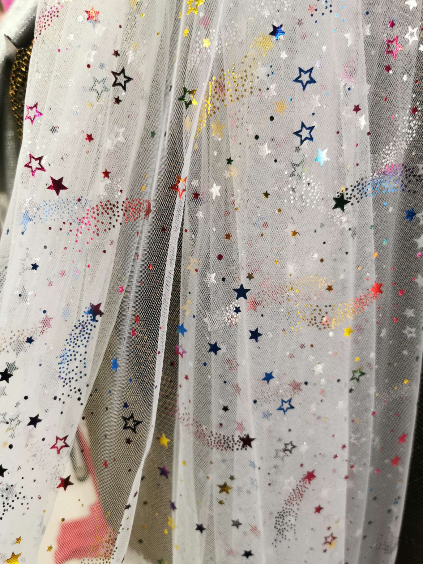 七彩烫金流星雨涤美国网，锦纶美国网，加密底布