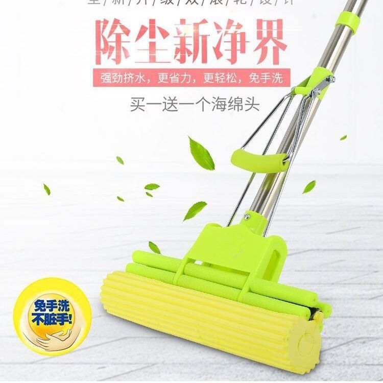 Sponge mop, household lazy roller water-squeezing floor mop, hand washable rubber cotton mop head, large water-squeezing floor mop cloth head