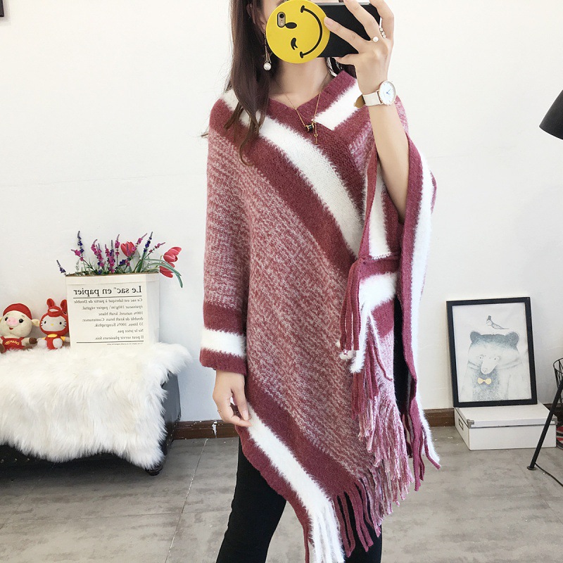 Versátil punto lana cape cape primavera otoño new rainbow rayas flecos cape cape mujer detail image 5