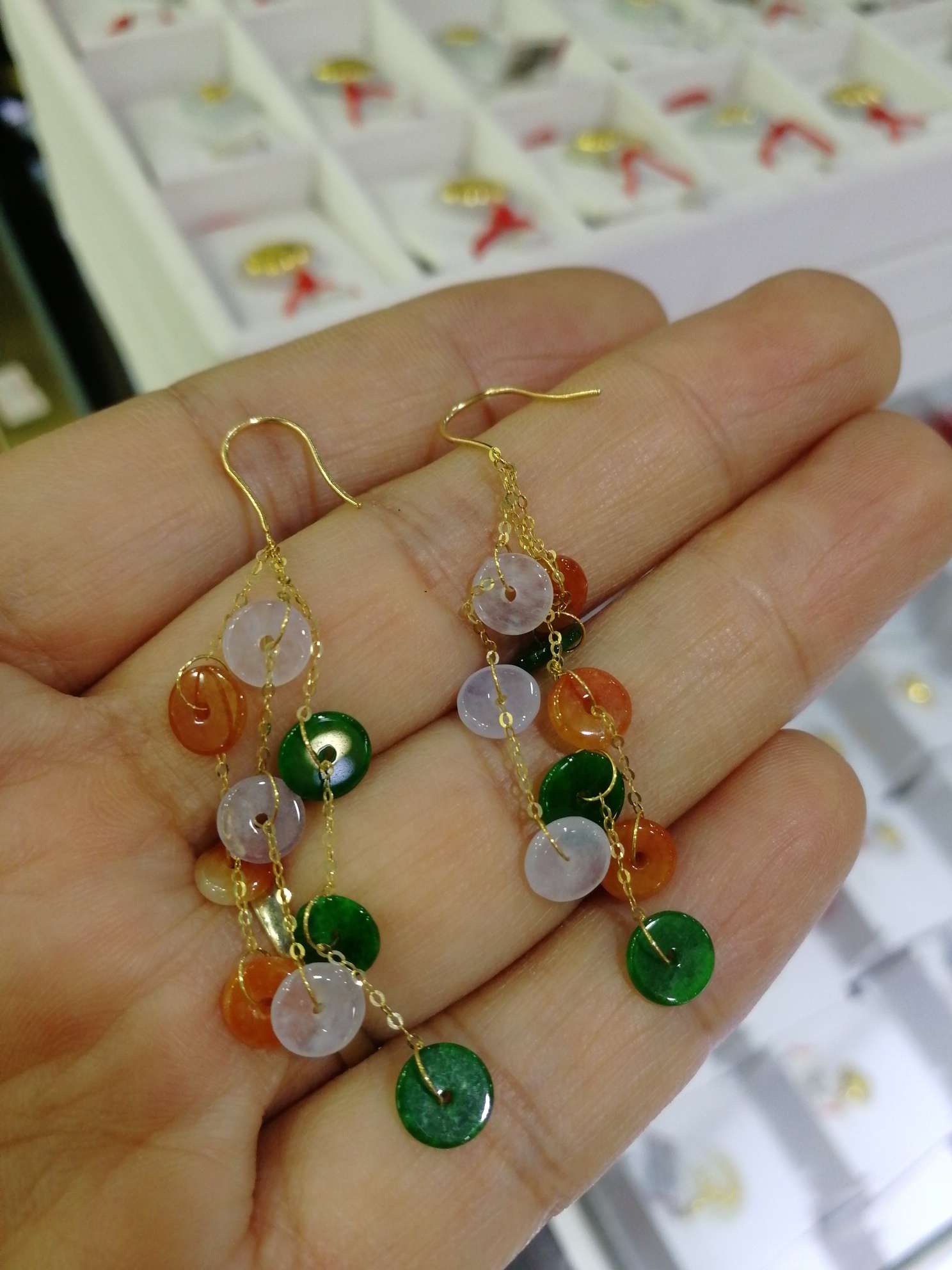 Jade ear hanging, 18k gold inlay, fu lu shou color! thumbnail