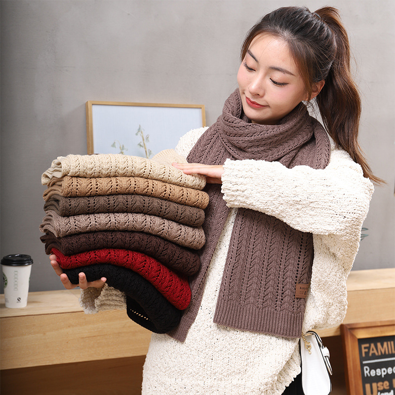 New Korean style knitted scarf and scarf for autumn and winter, fashionable and versatile, long woolen scarf, artistic and retro, solid color knitted crocheted and hollowed-out scarf for women detail image 7