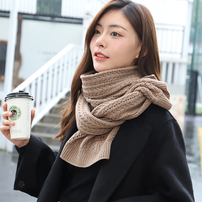 New Korean style knitted scarf and scarf for autumn and winter, fashionable and versatile, long woolen scarf, artistic and retro, solid color knitted crocheted and hollowed-out scarf for women Item Picture