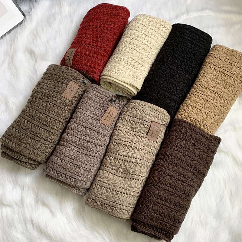 New Korean style knitted scarf and scarf for autumn and winter, fashionable and versatile, long woolen scarf, artistic and retro, solid color knitted crocheted and hollowed-out scarf for women Specification image