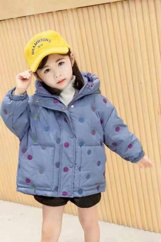 外套波点连帽压花新款冬装女童宝宝羽绒服女童儿童中长款