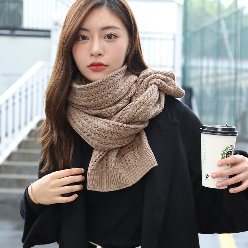 New Korean style knitted scarf and scarf for autumn and winter, fashionable and versatile, long woolen scarf, artistic and retro, solid color knitted crocheted and hollowed-out scarf for women undefined