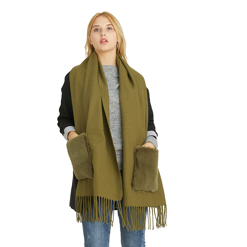 Scarf with pocket tassel scarf multi-functional men's and women's day wear a variety of solid color winter thick warm scarf thumbnail