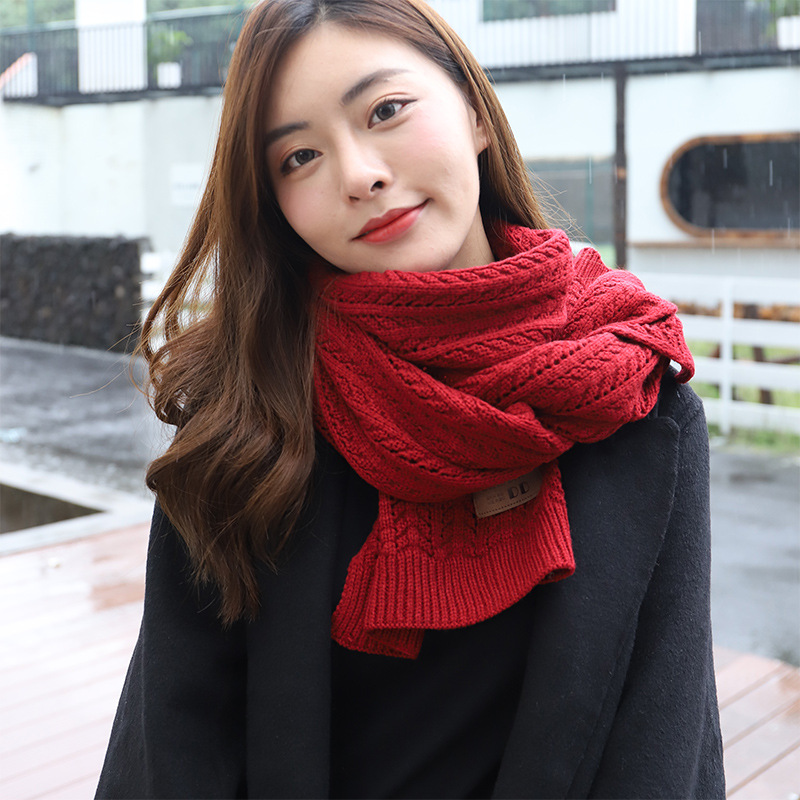 New Korean style knitted scarf and scarf for autumn and winter, fashionable and versatile, long woolen scarf, artistic and retro, solid color knitted crocheted and hollowed-out scarf for women detail image 9