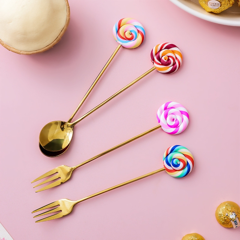 摔不坏的棒棒糖不锈钢搅拌勺子韩式可爱创意水果叉冰淇淋勺汤勺创意棒棒糖钛金勺叉产品图