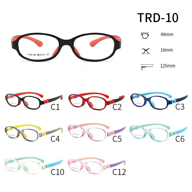TRD-10 silicone TR ultra-light myopia glasses frames are in stock. Silicone glasses frames for children and primary school students can correct strabismus, amblyopia, hyperopia and astigmatism. They can be equipped with prescription glasses frames details Picture