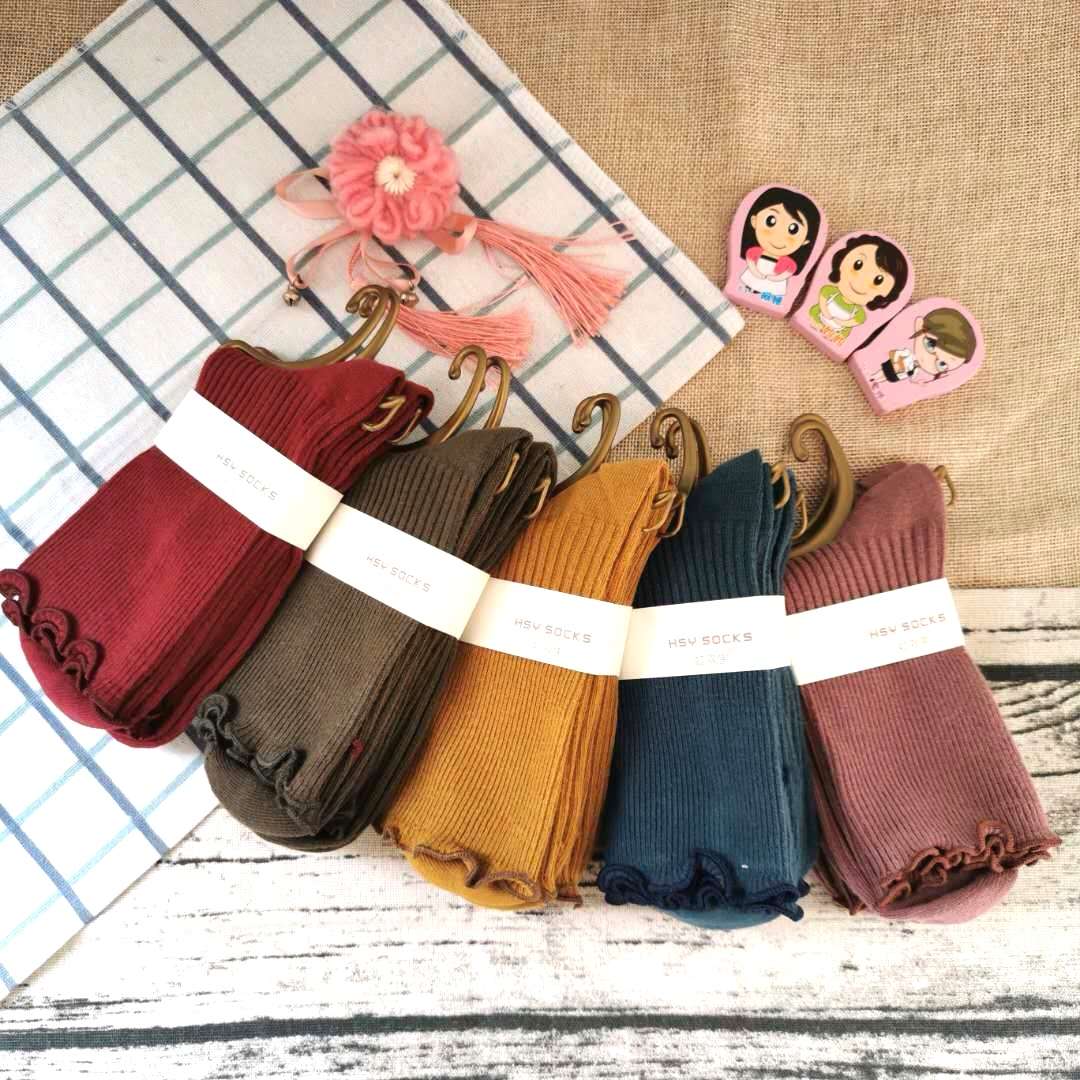 袜子批发 木耳边精梳棉双针女袜 爆款时尚女袜图