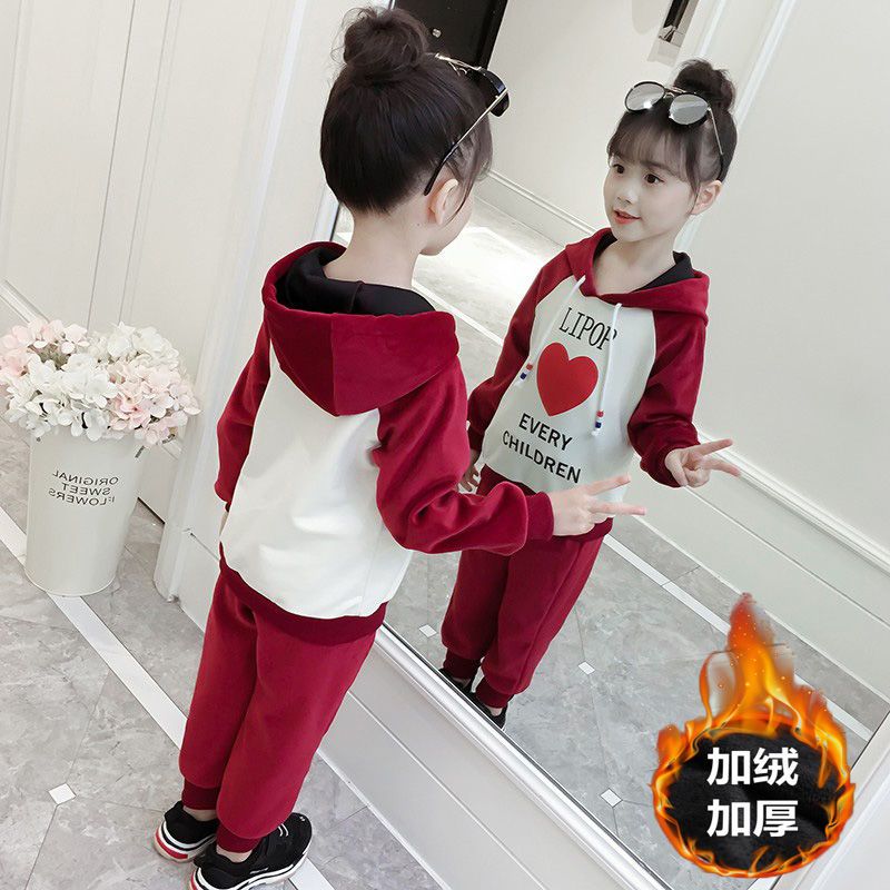 A new spring and autumn collection of plush and thickened casual sweatshirts for girls, a two-piece set of children's clothing details Picture