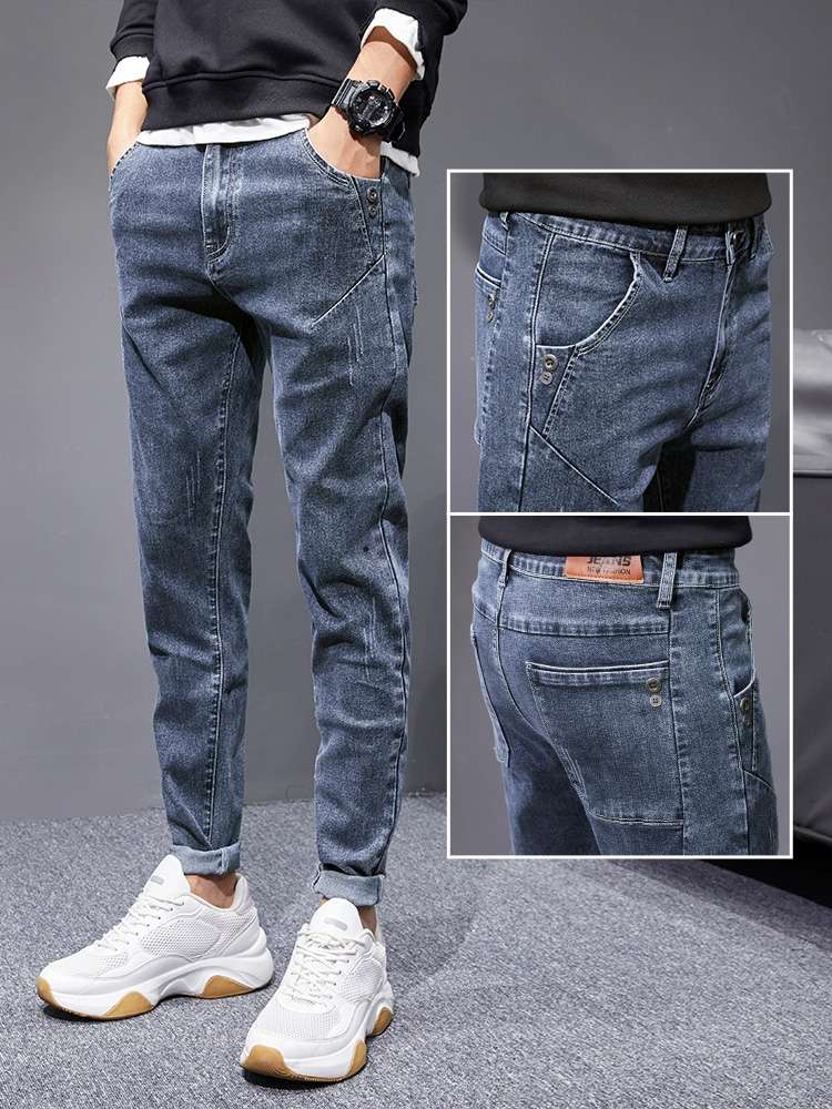 Men's straight-leg jeans, trendy brand Harun pants men's 2020 autumn/winter new fleece pants detail image 3