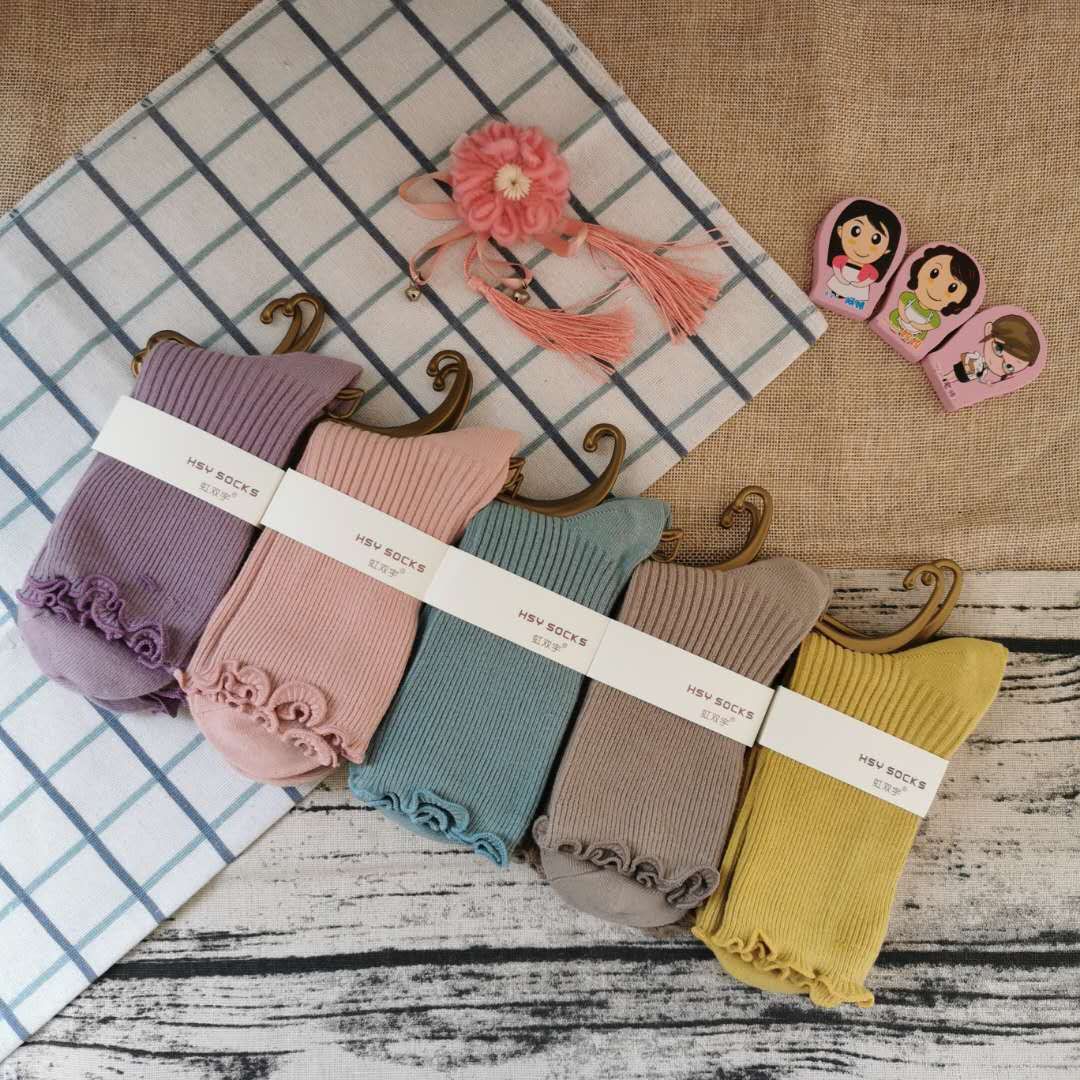 袜子批发 木耳边精梳棉双针女袜 爆款时尚女袜详情图5