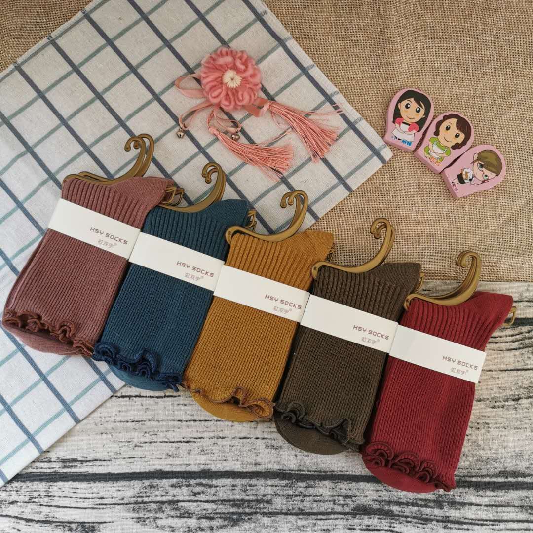 袜子批发 木耳边精梳棉双针女袜 爆款时尚女袜详情图3