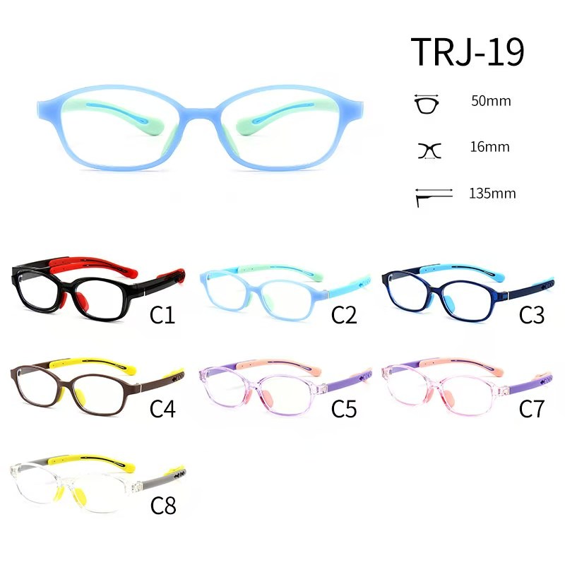 TRJ-19 silicone TR ultra-light myopia glasses frame is in stock. Silicone glasses frames for children and primary school students can correct strabismus, amblyopia, hyperopia and astigmatism. It can be equipped with prescription glasses frames details Picture