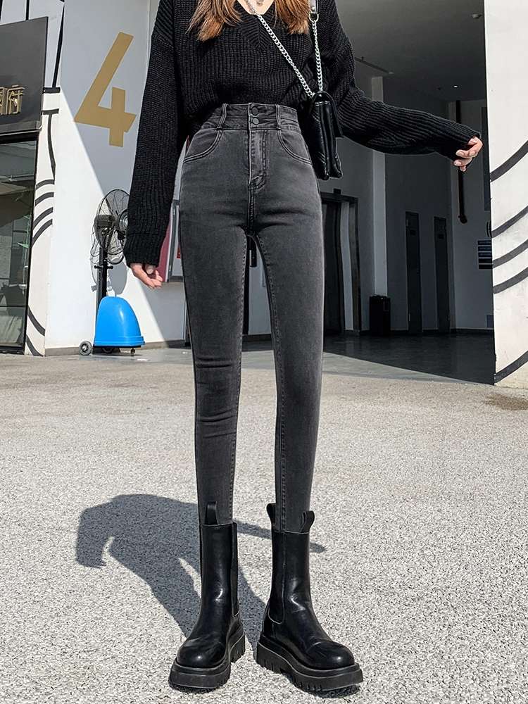 Jeans for autumn and winter with fleece, 2020 new trendy brand slim-fit skinny skinny straight dad pants, casual long pants details Picture