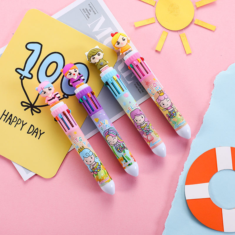 卡通10色按动多色圆珠笔创意少女小清新办公手账可用