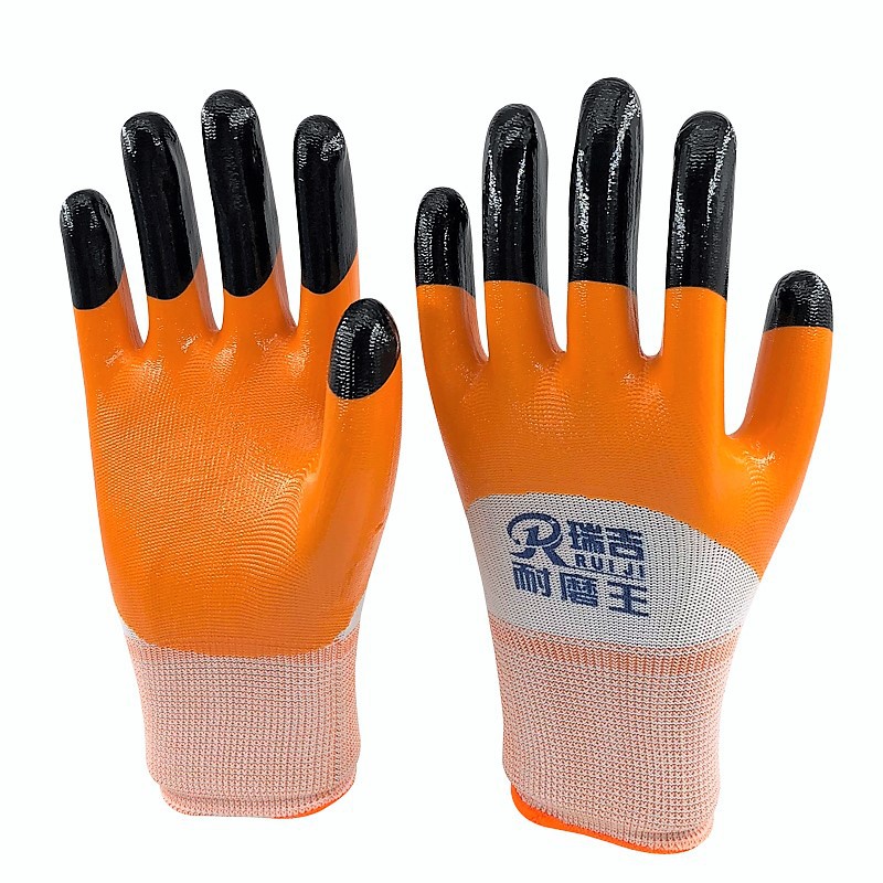 尼龙白纱桔加指白纱蓝加指耐磨王3/4浸胶手套 耐磨劳保手套批发 防油防滑防护手套