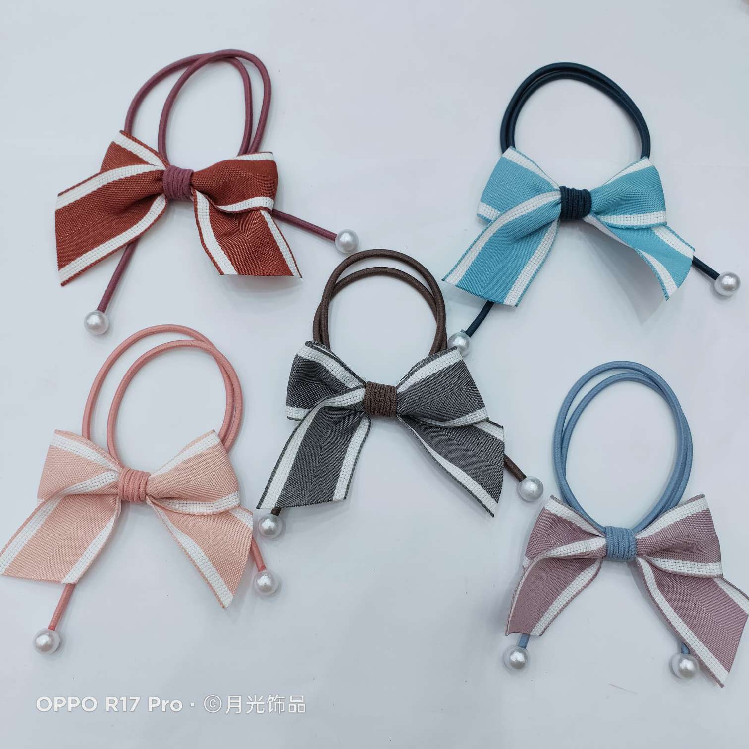Korean popular fashion pearl bow, webbing, ribbon, hair tie, hair rope, rubber band and leather case