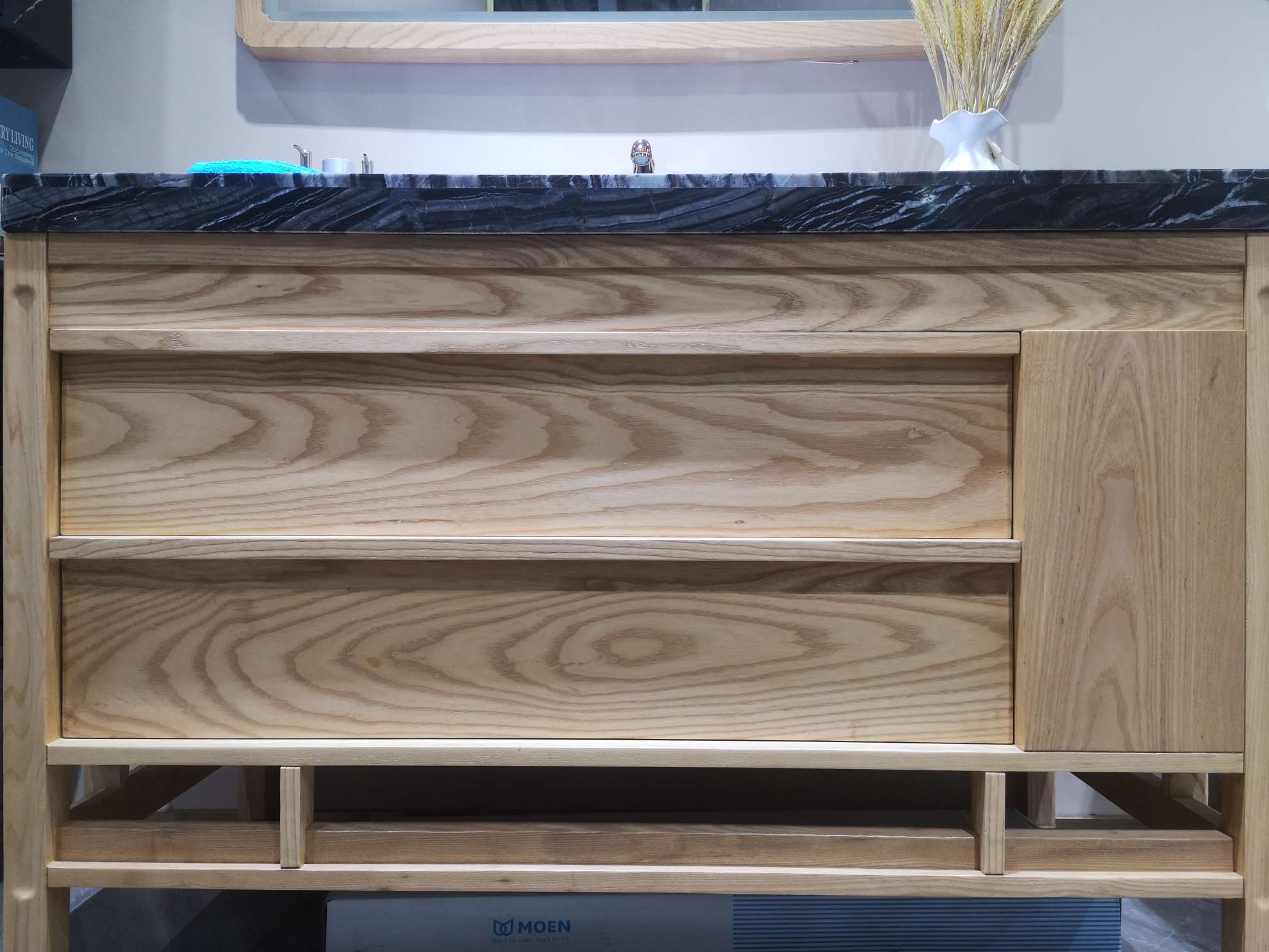 Hongbo Solid Wood Intelligent ash wood ancient grain marble natural wood color solid wood bath cabinet with fog lamp and no water faucet details Picture