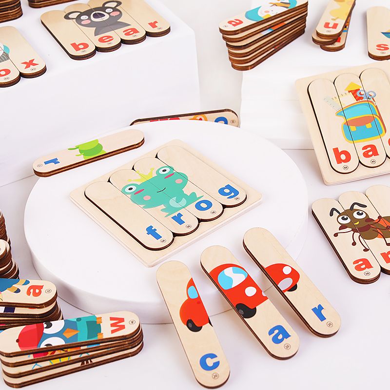 New strip-shaped wooden word spelling toys for children's early education and intelligence development, including animal English building blocks for boys and girls Item Picture