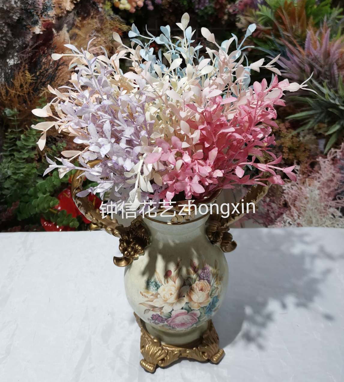 仿真粉色系婚庆水草7叉喷色小油加利草工程绿植塑料草批发 价格 库存 义乌小商品城