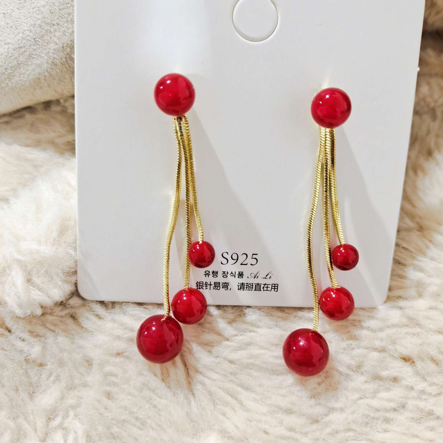 Silver needle long tassel pearl pendant earrings Red simple everything double use net red earrings products round face show face thin