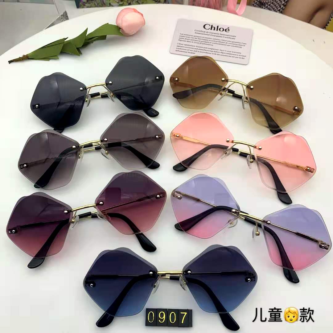 FP0907 model 2023 in stock, cool street style, quirky children's frameless cut-edge sunglasses, fashionable UV protection sunglasses, polygonal sunglasses, trendy retro fashion sunglasses, radiation-proof glasses